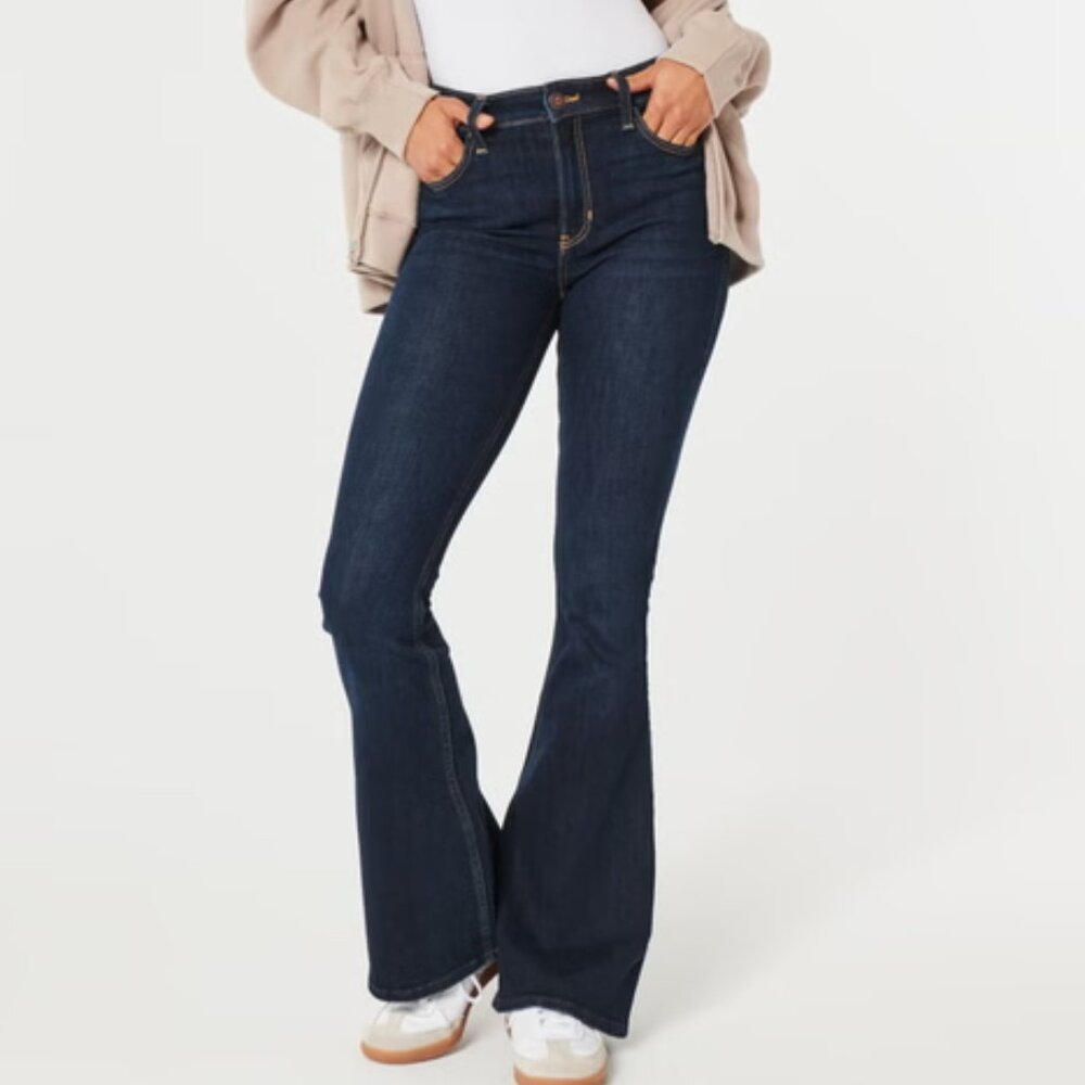 HOLLISTER HIGH-RISE VINTAGE FLARE JEANS SPLIT HEM DARK WASH STRETCH DENIM sz 27